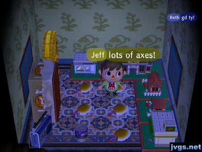 A room that had many golden axes on the floor.