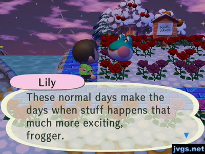 Lily: These normal days make the days when stuff happens that much more exciting, frogger.