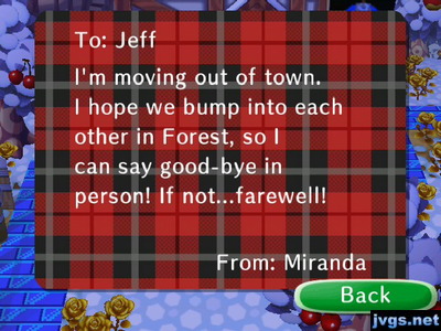 Miranda's goodbye letter in Animal Crossing: City Folk.