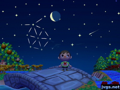 A shooting star flies by overhead. The moon and a ladybug constellation are also visible.