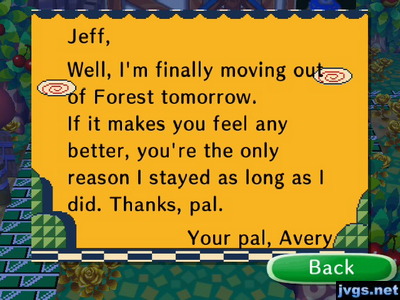 Avery's goodbye letter in Animal Crossing: City Folk.