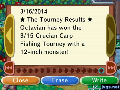 *The Tourney Results* Octavian has won the 3/15 crucian carp fishing tourney with a 12-inch monster!