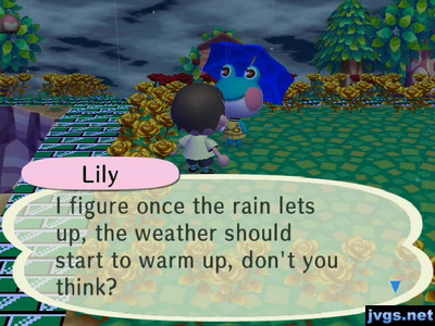 Lily: I figure once the rain lets up, the weather should start to warm up, don't you think?