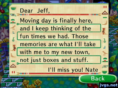 Nate's goodbye letter in Animal Crossing: City Folk for Wii.