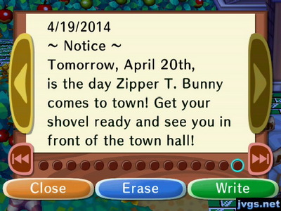 ~Notice~ Tomorrow, April 20th, is the day Zipper T. Bunny comes to town! Get your shovel ready and see you in front of the town hall!