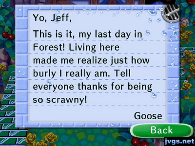 Goose's goodbye letter in Animal Crossing: City Folk for Nintendo Wii.