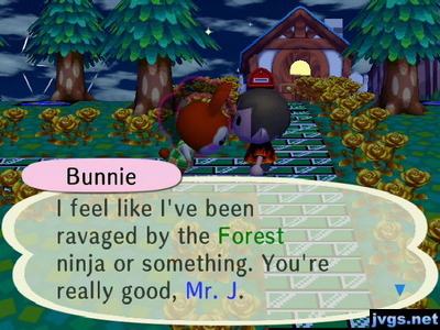 Bunnie: I feel like I've been ravaged by the Forest ninja or something. You're really good, Mr. J.