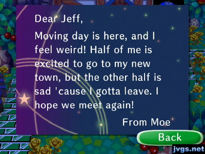 Moe's goodbye letter in Animal Crossing: City Folk.