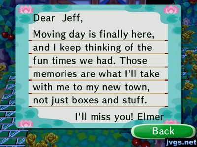 Elmer's goodbye letter in Animal Crossing: City Folk.