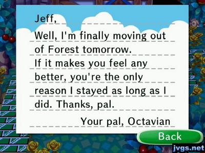 Octavian's goodbye letter in Animal Crossing: City Folk.