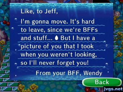 Wendy's goodbye letter in Animal Crossing: City Folk.