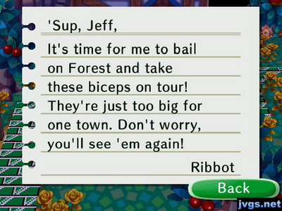 Ribbot's goodbye letter in Animal Crossing: City Folk.