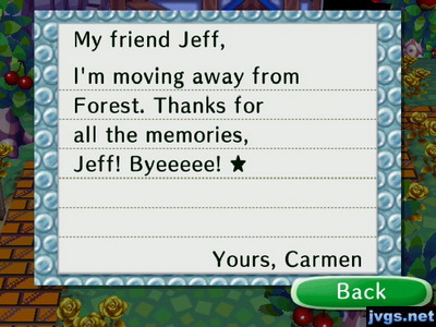 Letter: My friend Jeff, I'm moving away from Forest. Thanks for all the memories, Jeff! Byeeeee! -Yours, Carmen