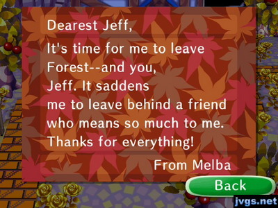 Melba's goodbye letter in Animal Crossing: City Folk.