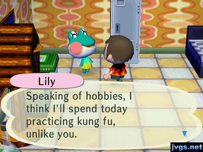 Lily: Speaking of hobbies, I think I'll spend today practicing kung fu, unlike you.
