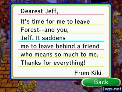 Kiki's goodbye letter in Animal Crossing: City Folk for Wii.