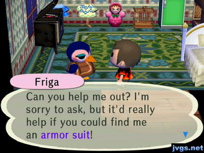 Friga: Can you help me out? I'm sorry to ask, but it'd really help if you could find me an armor suit!