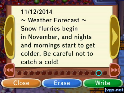 ~Weather Forecast~ Snow flurries begin in November, and nights and mornings start to get colder. Be careful not to catch a cold!