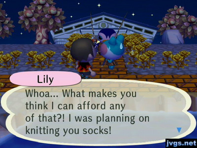 Lily: Whoa... What makes you think I can afford any of that?! I was planning on knitting you socks!