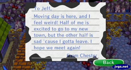 Chester's goodbye letter in Animal Crossing: City Folk.