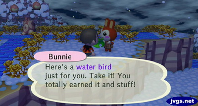 Bunnie: Here's a water bird just for you. Take it! You totally earned it and stuff!