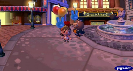 Standing with my blue bunny balloon next to Phineas in the city.