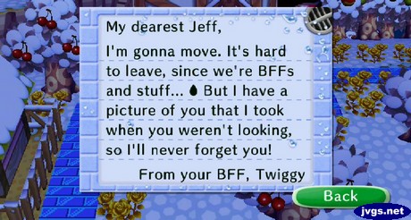 Twiggy's goodbye letter in Animal Crossing: City Folk for Wii.
