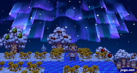 The northern lights and a new moon in Animal Crossing: City Folk.