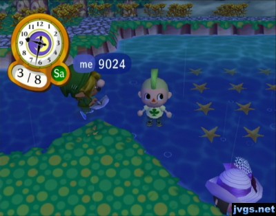 Standing in the river with Tom, in his hacked town.