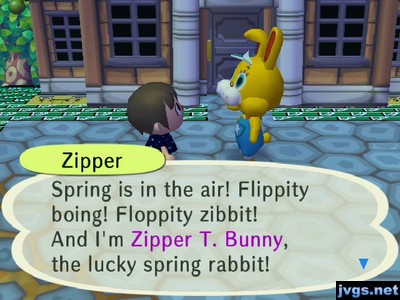 Zipper: Spring is in the air! Flippity boing! Floppity zibbit! And I'm Zipper T. Bunny, the lucky spring rabbit!