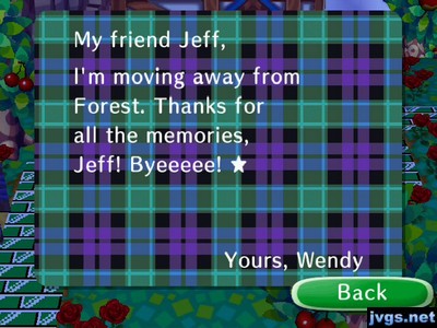 My friend Jeff, I'm moving away from Forest. Thanks for all the memories, Jeff! Byeeeee! -Yours, Wendy