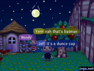 A triangular constellation in the sky appears on top of the moon, as if the moon were wearing the triangle as a hat.