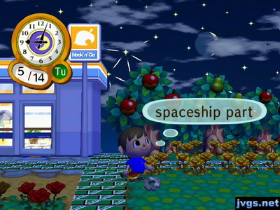 A spaceship part on the ground outside of Nook 'n' Go.