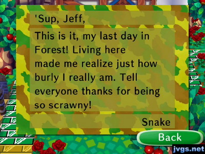 Snake's goodbye letter in Animal Crossing: City Folk.