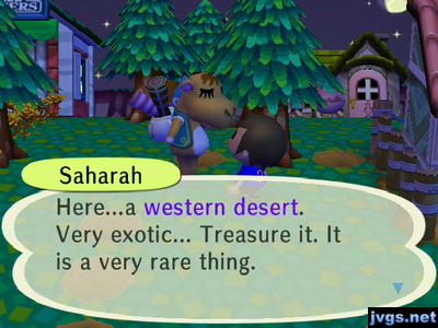 Saharah: Here...a western desert. Very exotic... Treasure it. It is a very rare thing.