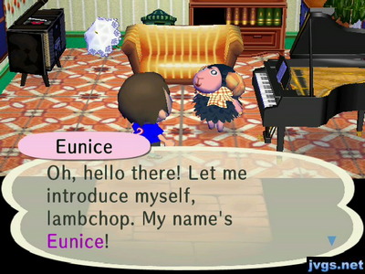 Eunice: Oh, hello there! Let me introduce myself, lambchop. My name's Eunice!