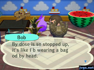 Bob: By dose is so stopped up, it's like I'b wearing a bag od by head.