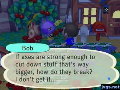 Bob: If axes are strong enough to cut down stuff that's way bigger, how do they break? I don't get it...