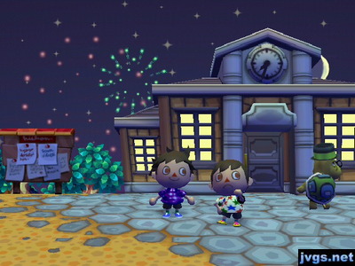 Jeff and Jake watching fireworks in Animal Crossing: City Folk.