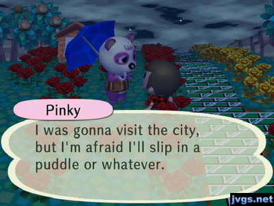 Pinky: I was gonna visit the city, but I'm afraid I'll slip in a puddle or whatever.