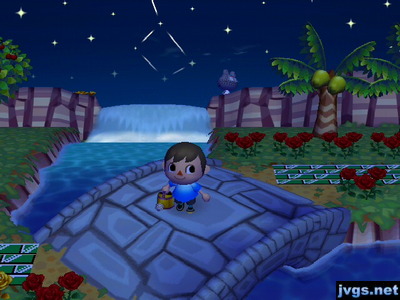 Ribbot standing on the cliff at the top of the waterfall, looking up at the stars.