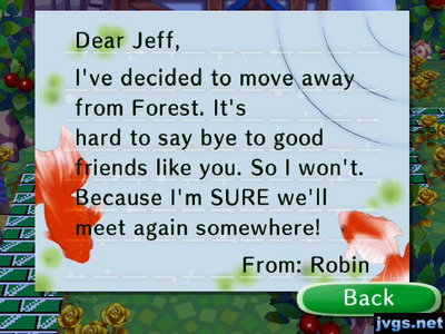 Robin's goodbye letter in Animal Crossing: City Folk.