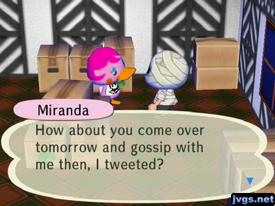 Miranda: How about you come over tomorrow and gossip with me then, I tweeted?