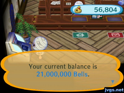 Your current balance is 21,000,000 bells.