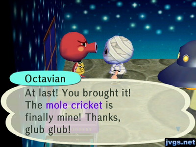 Octavian: At last! You brought it! The mole cricket is finally mine! Thanks, glub glub!