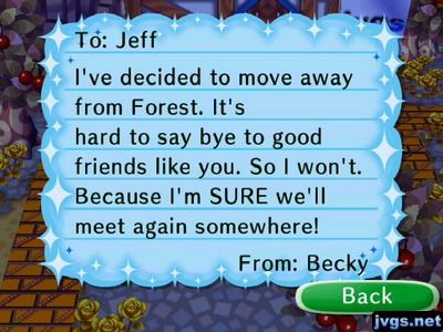 Becky's goodbye letter in Animal Crossing: City Folk.