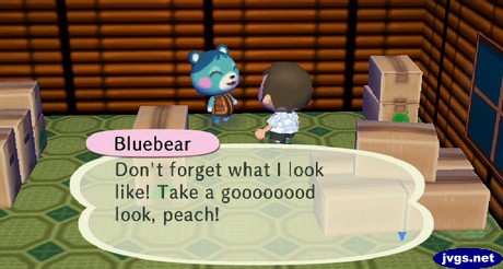 Bluebear: Don't forget what I look like! Take a goooooood look, peach!
