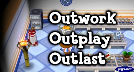 Outwork, outplay, outlast. (A storage case, white golf bag, and tiki torch).