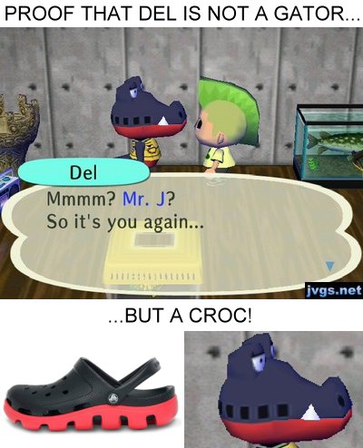 A side-by-side picture showing Del from Animal Crossing and a Croc shoe. Both have similar shapes and squarish holes.
