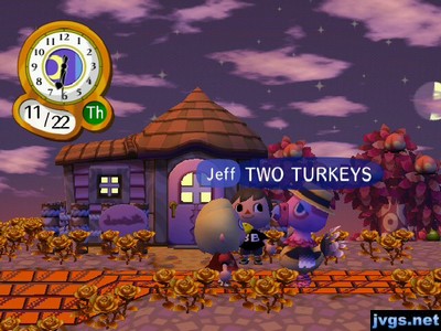 Megan, wearing a beak, speaks with Franklin. Jeff says "TWO TURKEYS!"